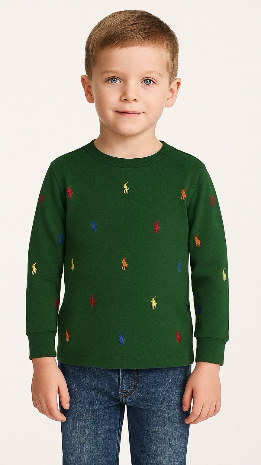 Child wearing a green long-sleeve shirt with embroidered polo logos on a white background