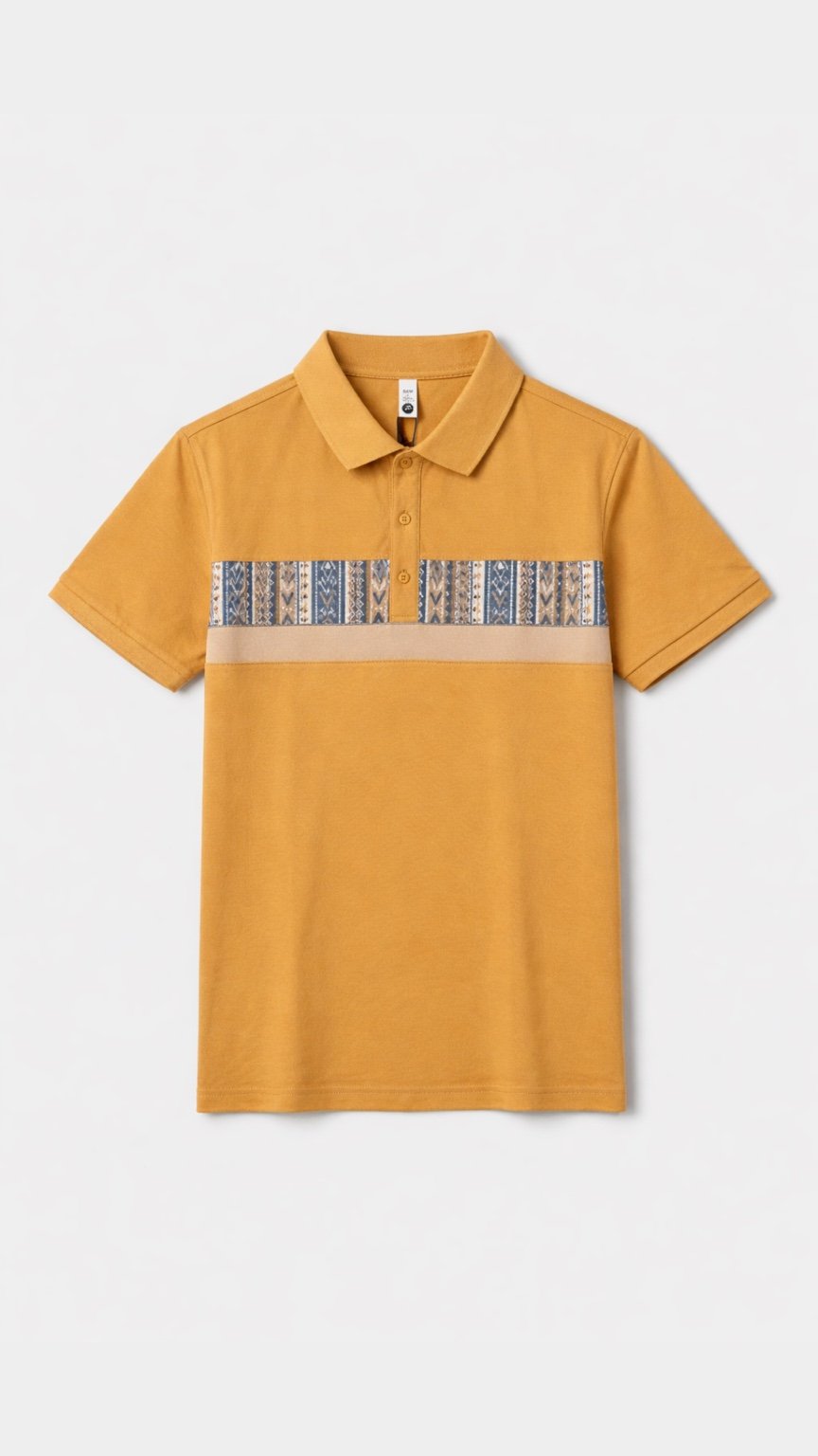 Yellow polo shirt with a patterned band on a white background
