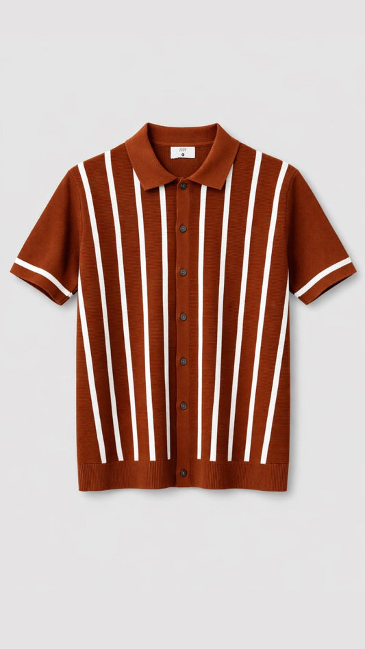 Knitted Ember Stripe Polo Burnt Orange