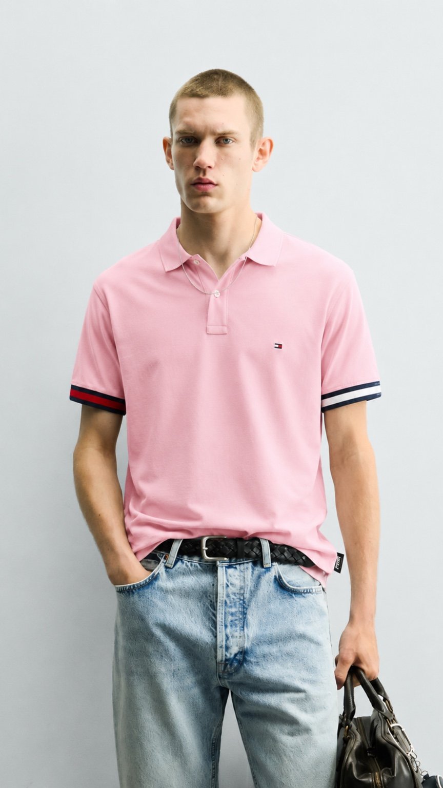 T-PinkContrast Sleeve Polo Shirt