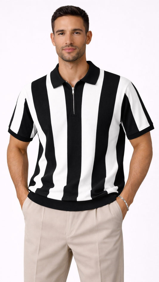 Premium Knitted Striped Zip Polo – Black & White
