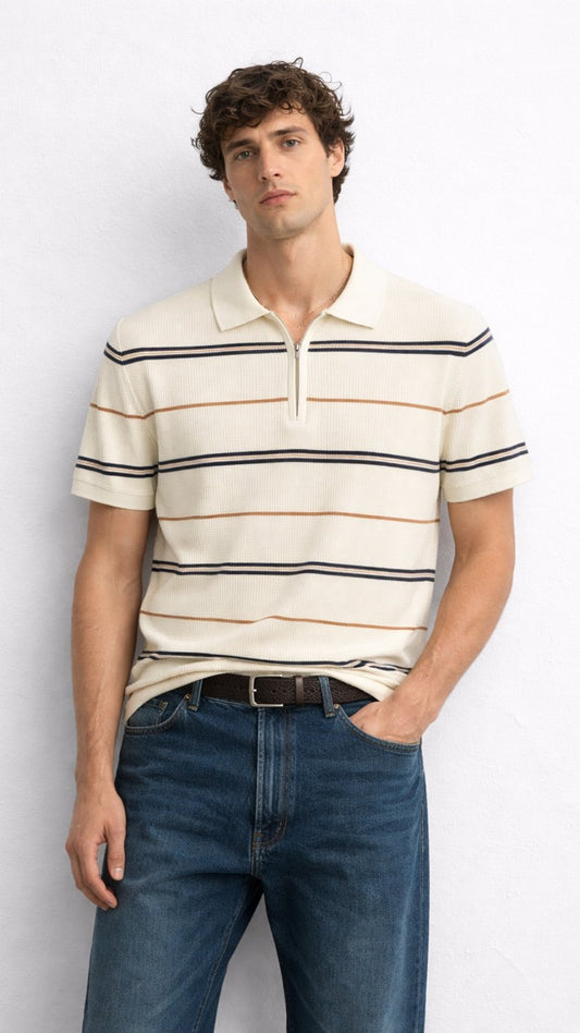 Premium Knitted Off White Striped Zip Polo