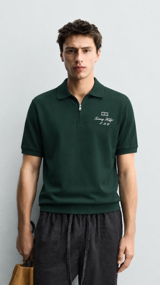 T-Green Crest Zip Polo