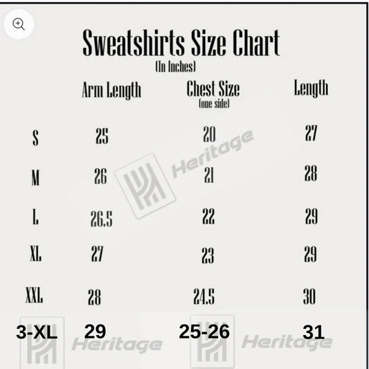 Sweatshirts size chart with measurements for arm length, chest size, and length.