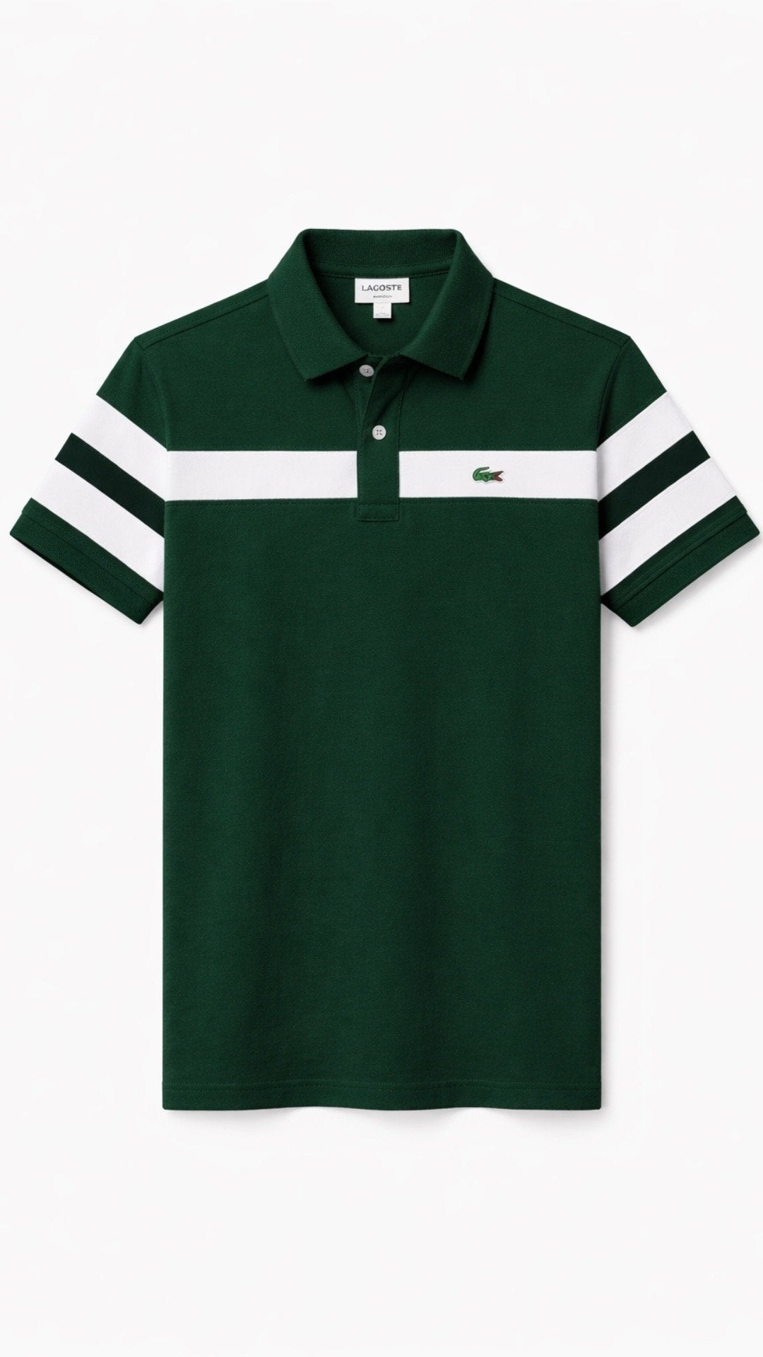 Green polo shirt with white accents on a white background