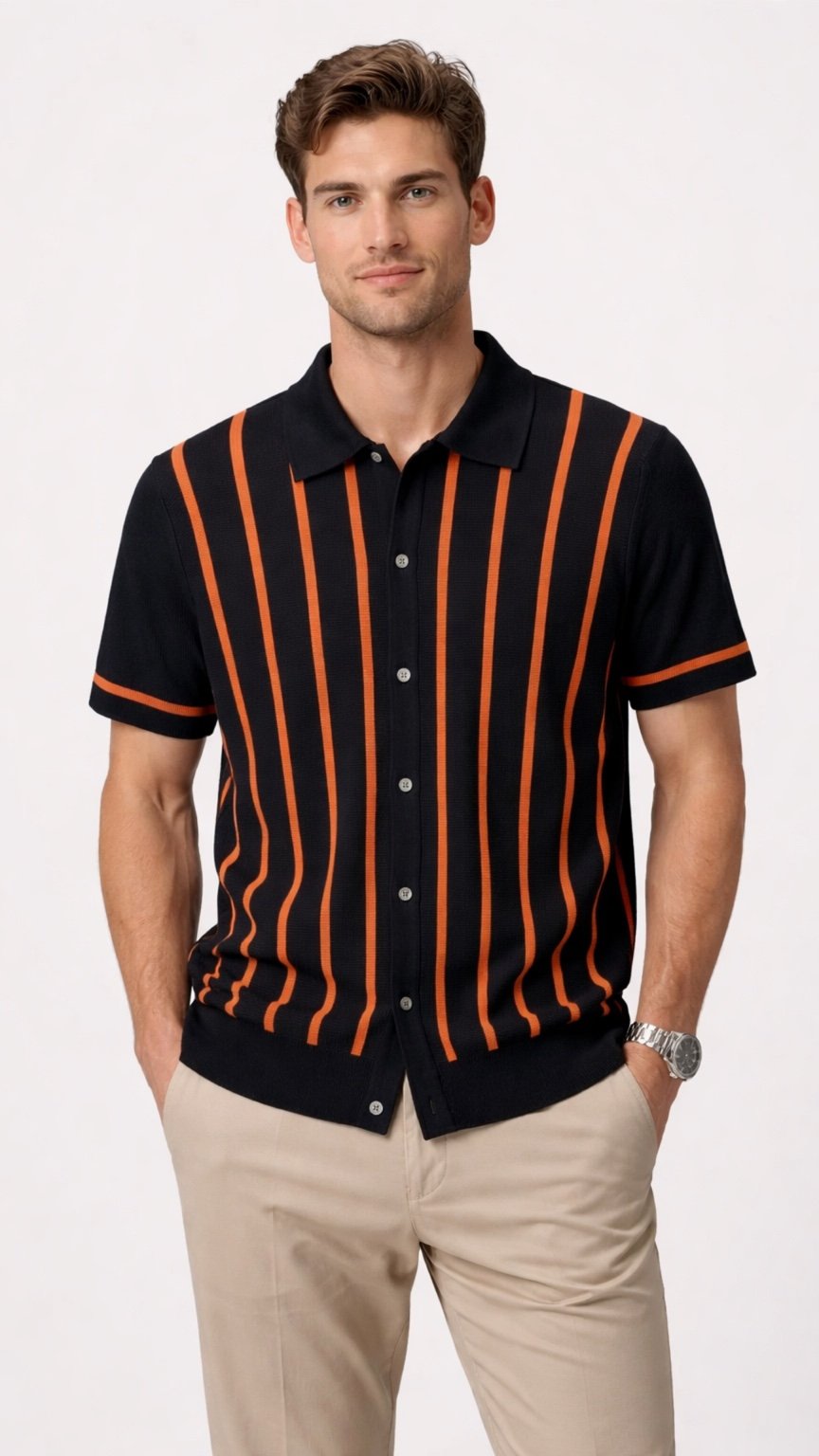 Man wearing a black and orange striped shirt with beige pants on a white background