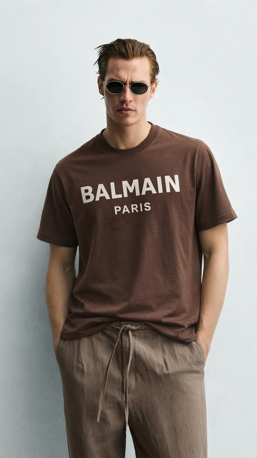 Man wearing a brown Balmain t-shirt against a light gray background