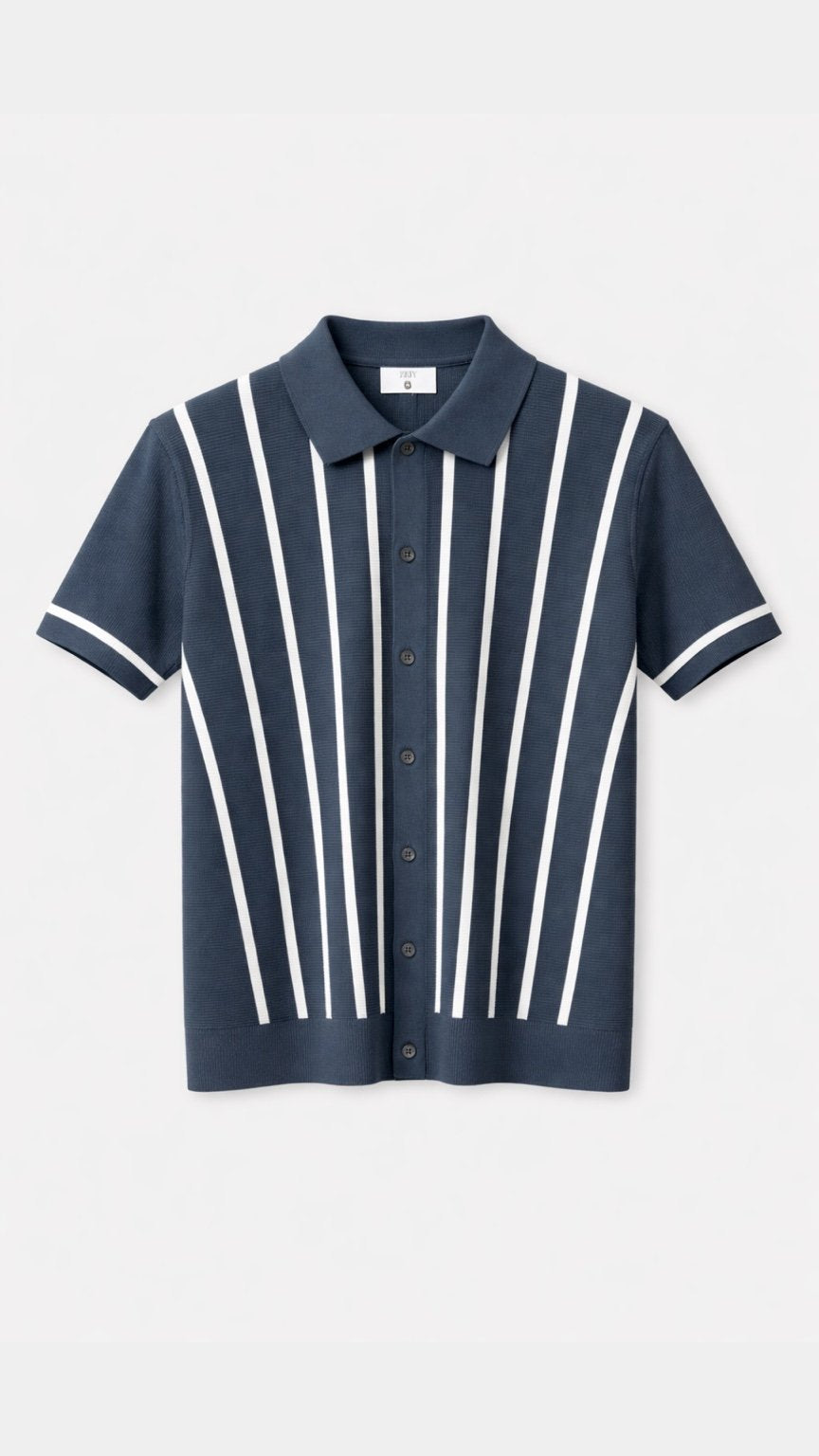 Knitted Ember Stripe Polo Steel Blue