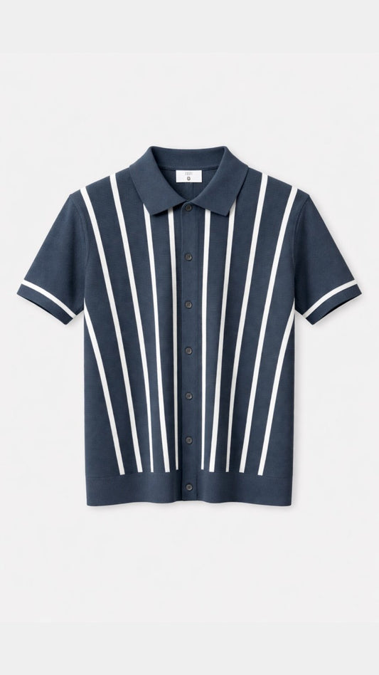 Knitted Ember Stripe Polo Steel Blue