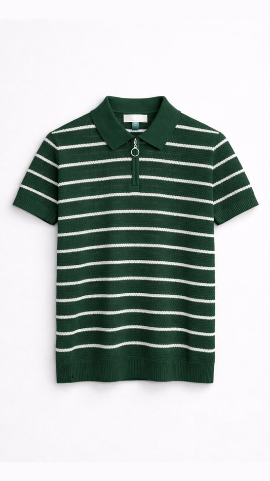 Premium Knitted Green Striped Zip Polo