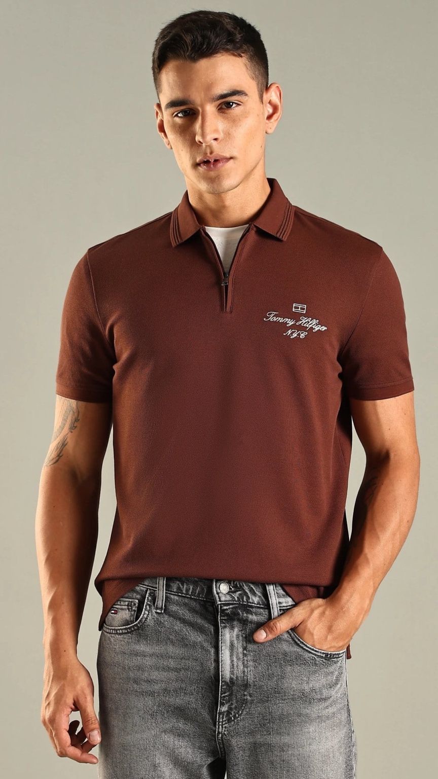 T-Brown Crest Zip Polo