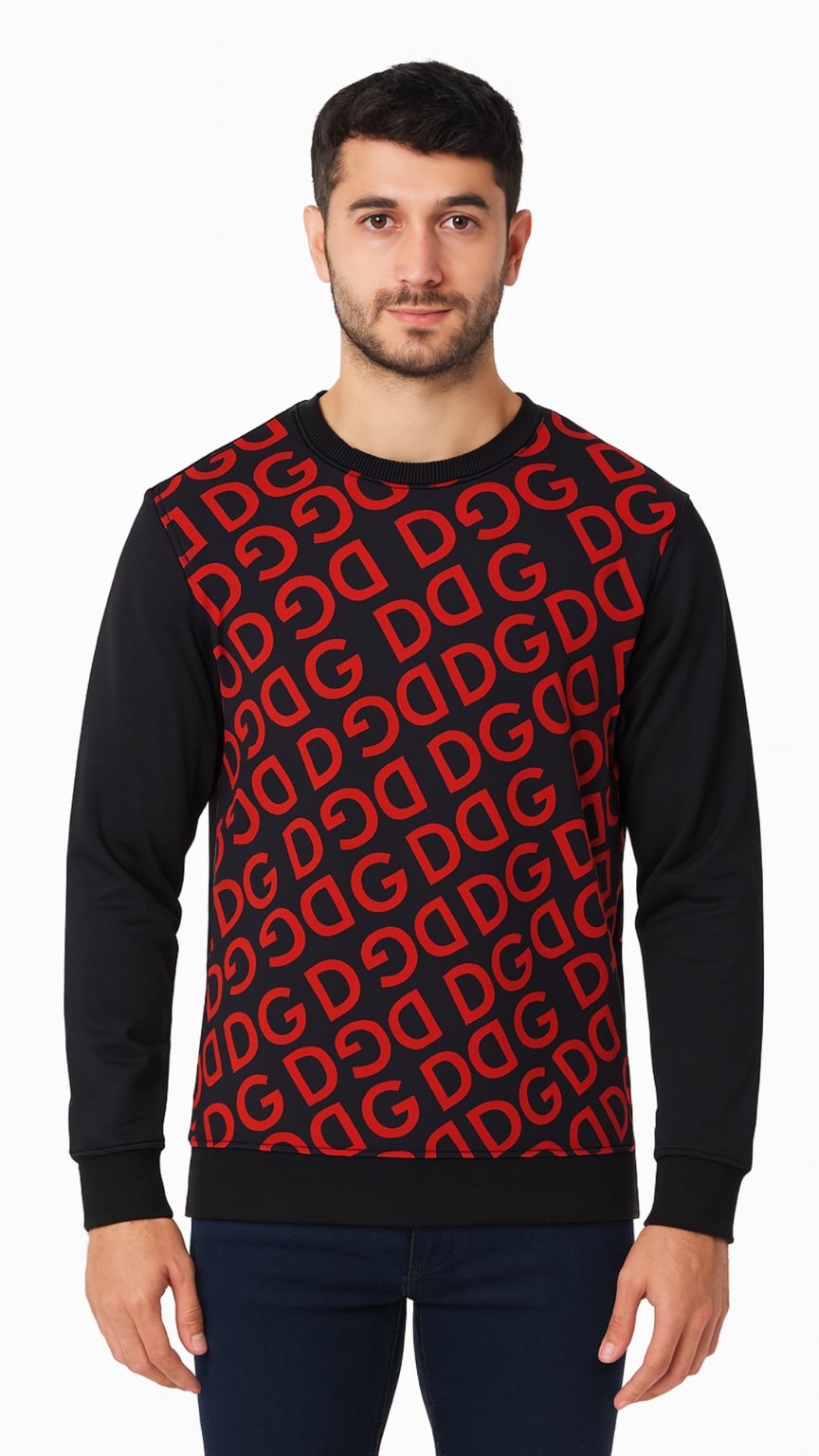 Man wearing a black sweater with red DG pattern on a white background