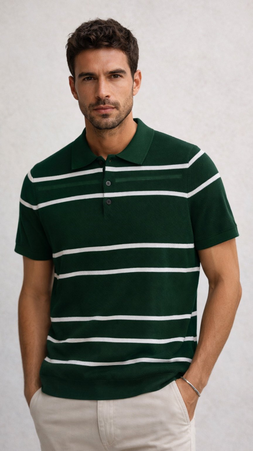 Man wearing a green and white striped polo shirt against a plain background