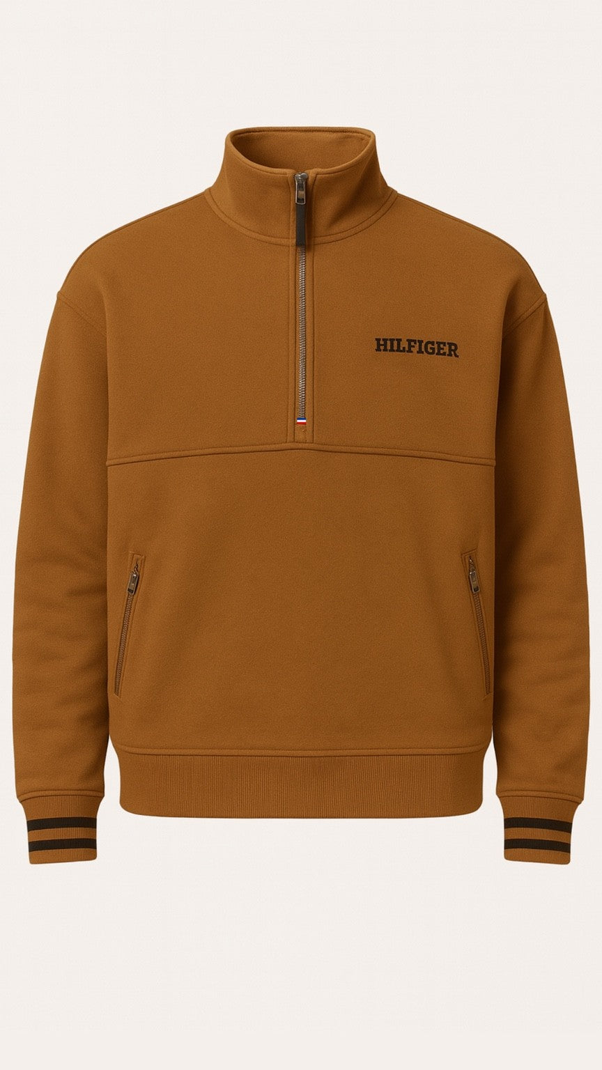 Brown half-zip sweatshirt with 'Tommy Hilfiger' logo on a white background