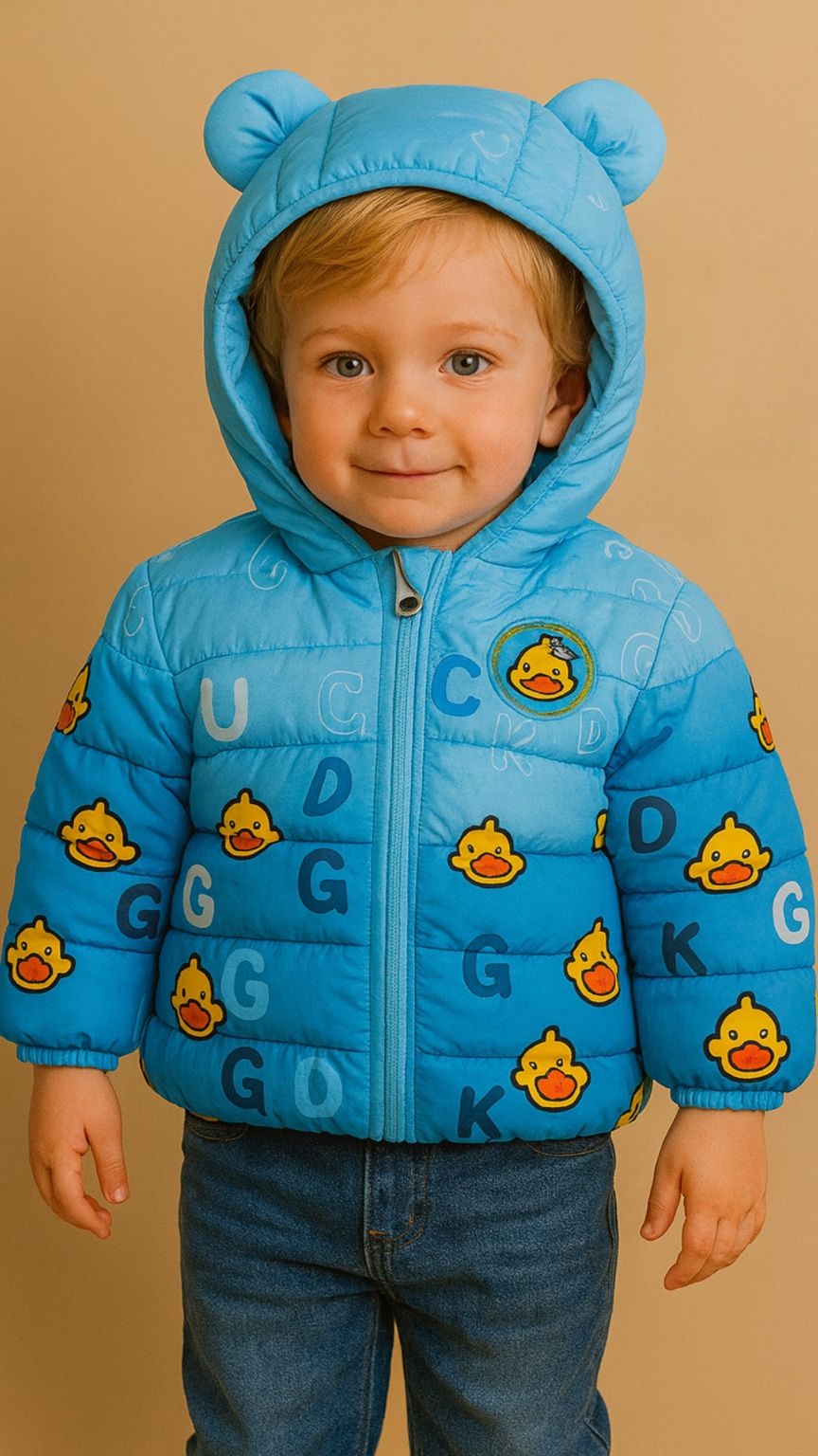 Child wearing a blue puffer jacket with duck and letter designs on a beige background
