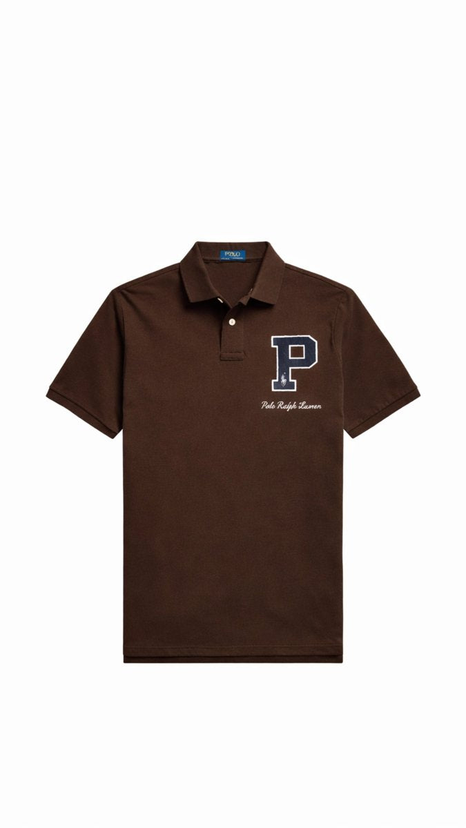 Brown polo shirt with a logo on a white background