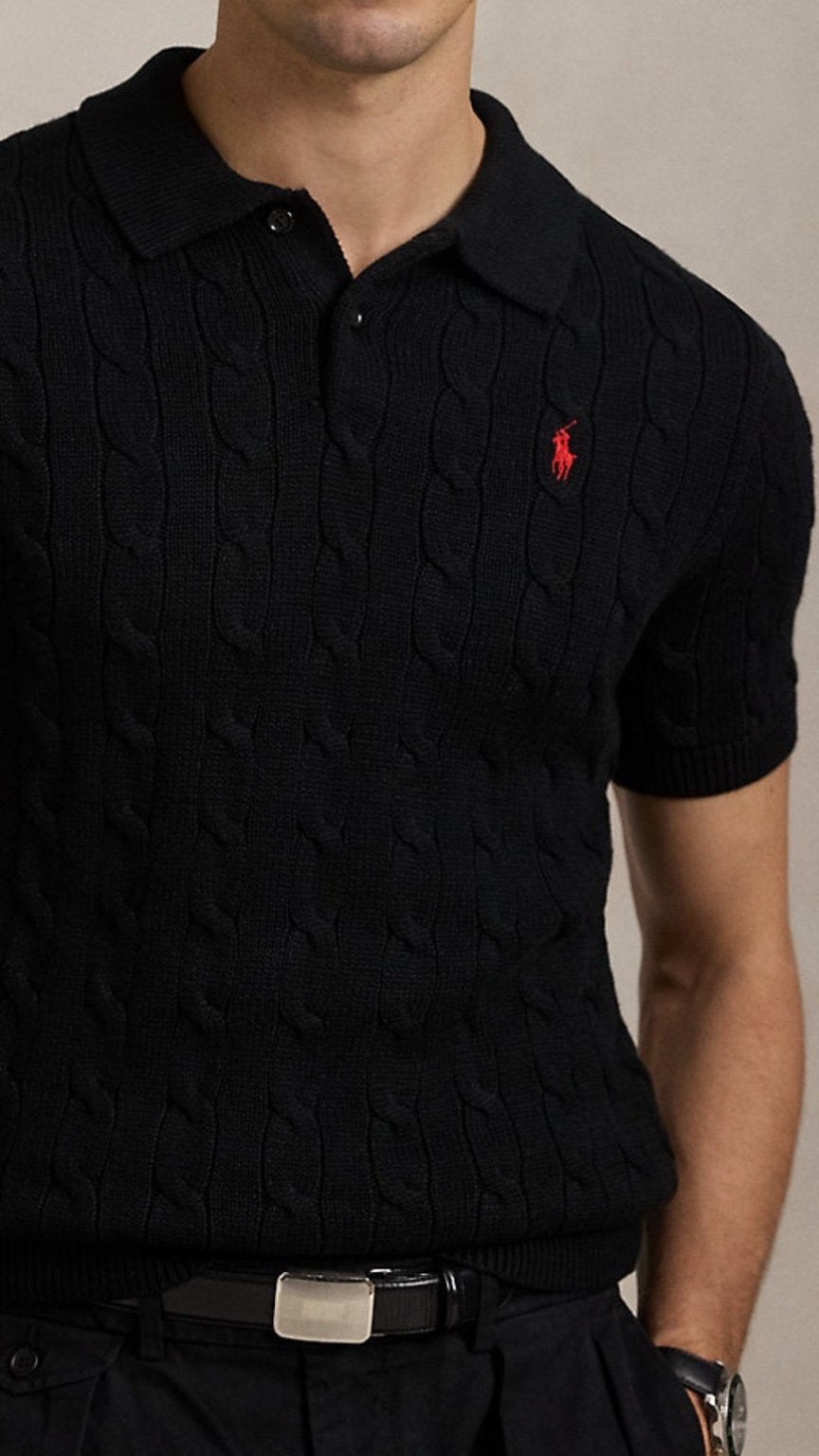 RL-Imported Cable Knit Polo Jet Black