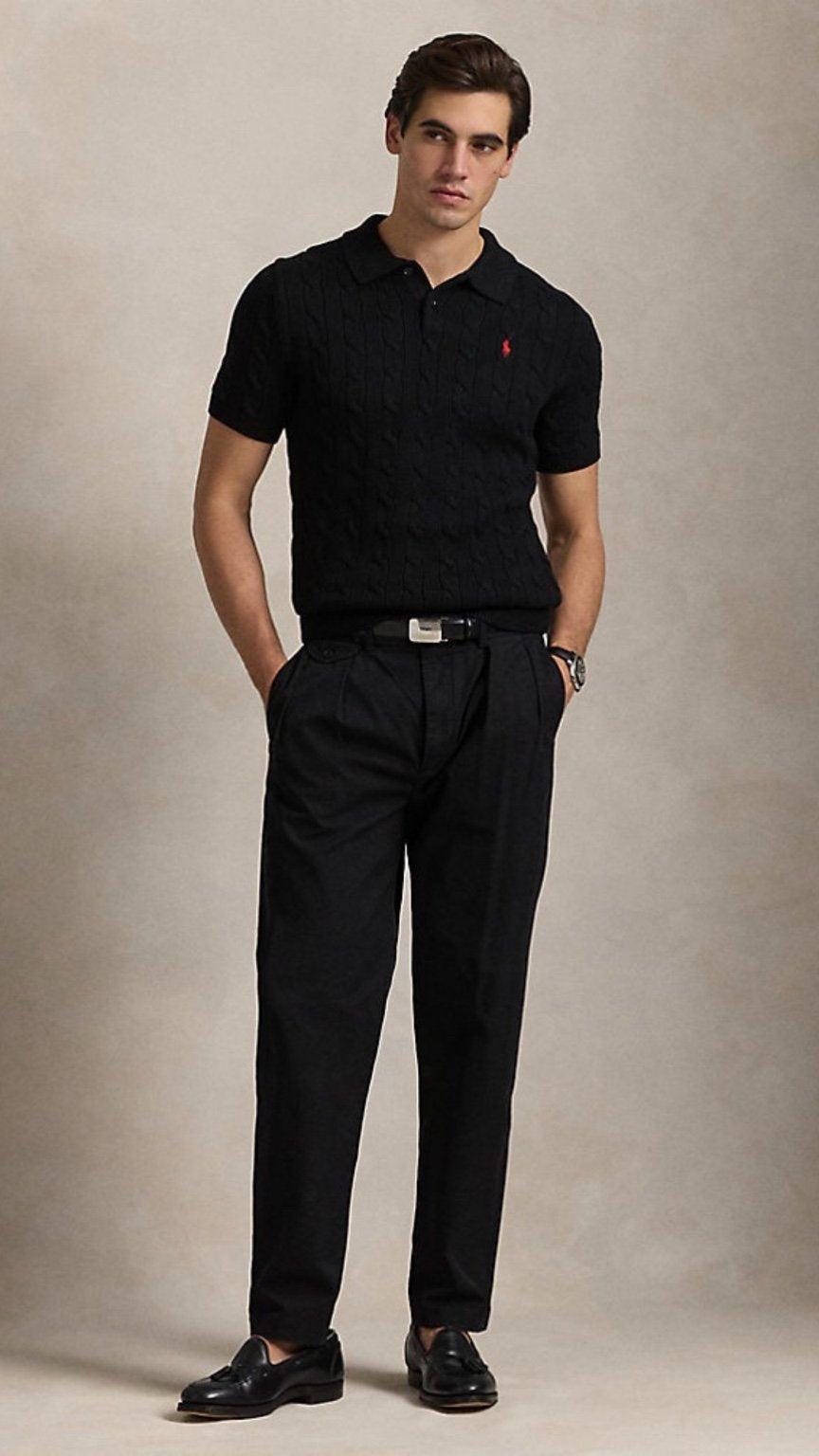 RL-Imported Cable Knit Polo Jet Black