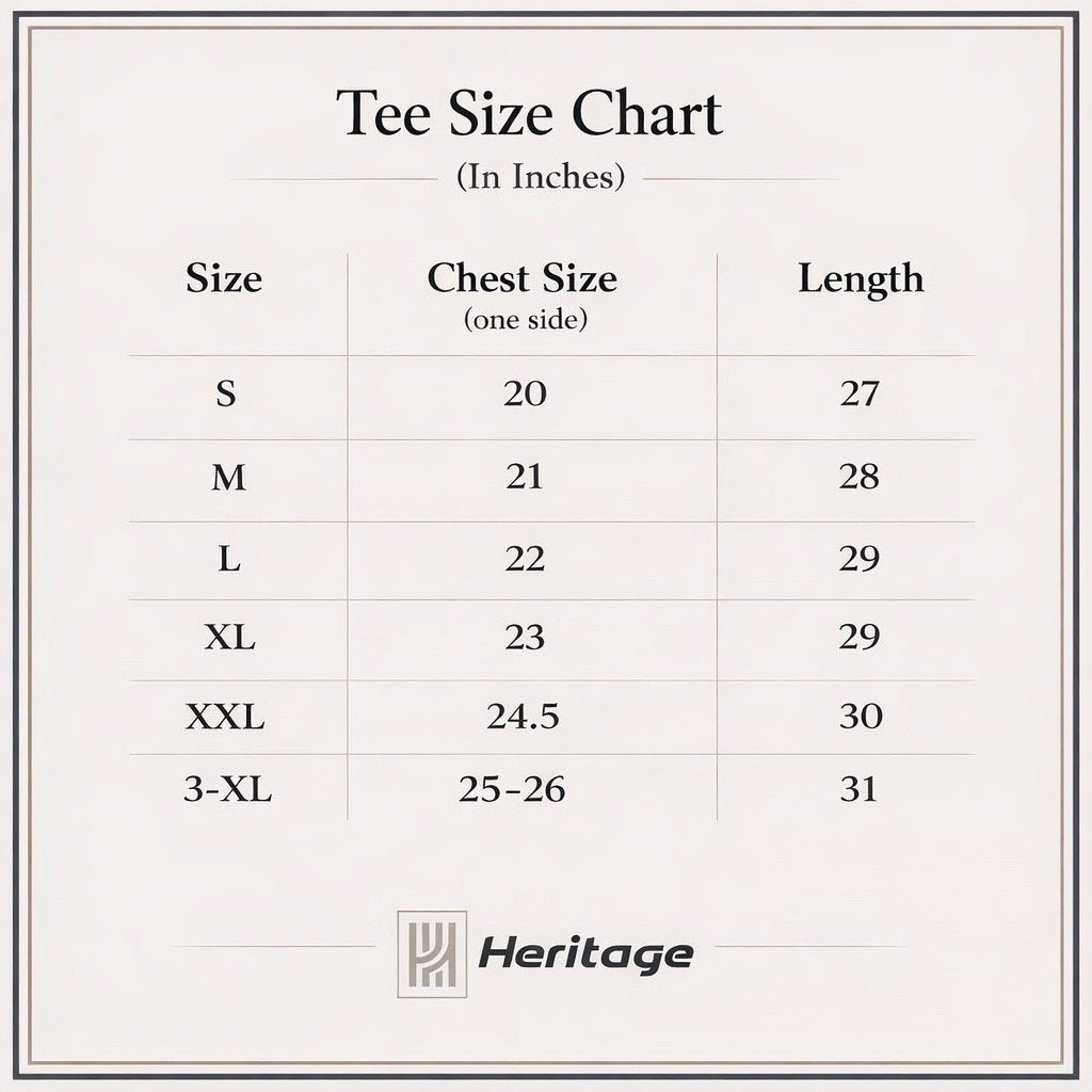 Tee size chart with chest and length measurements in inches, featuring the Heritage brand logo.