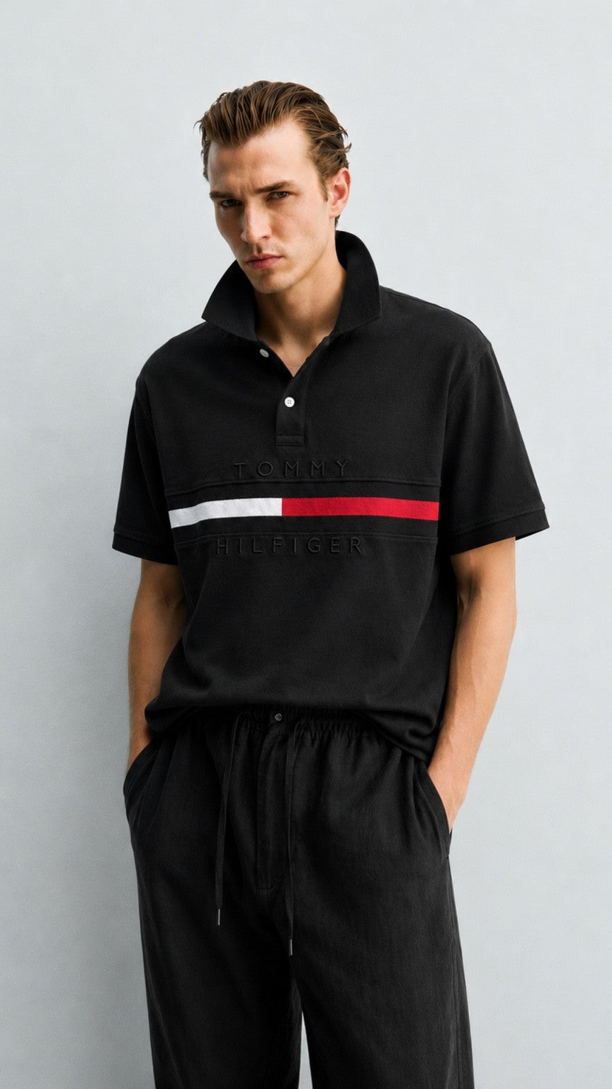 TH Essential Stripe Polo – Black