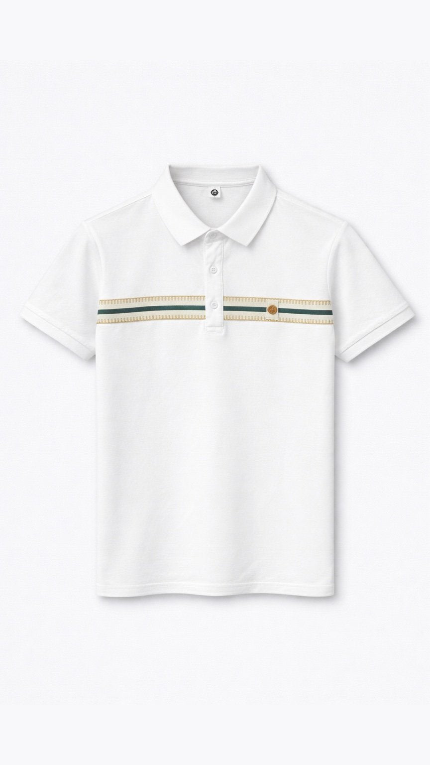 White polo shirt with a colorful stripe on a white background
