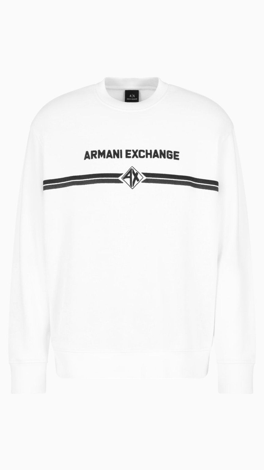 White sweatshirt with Armani Exchange logo on a white background