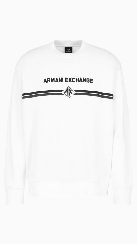 White sweatshirt with Armani Exchange logo on a white background