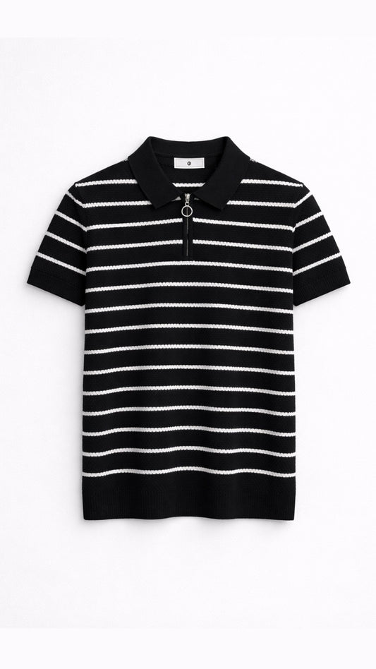 Premium Knitted Black Striped Zip Polo