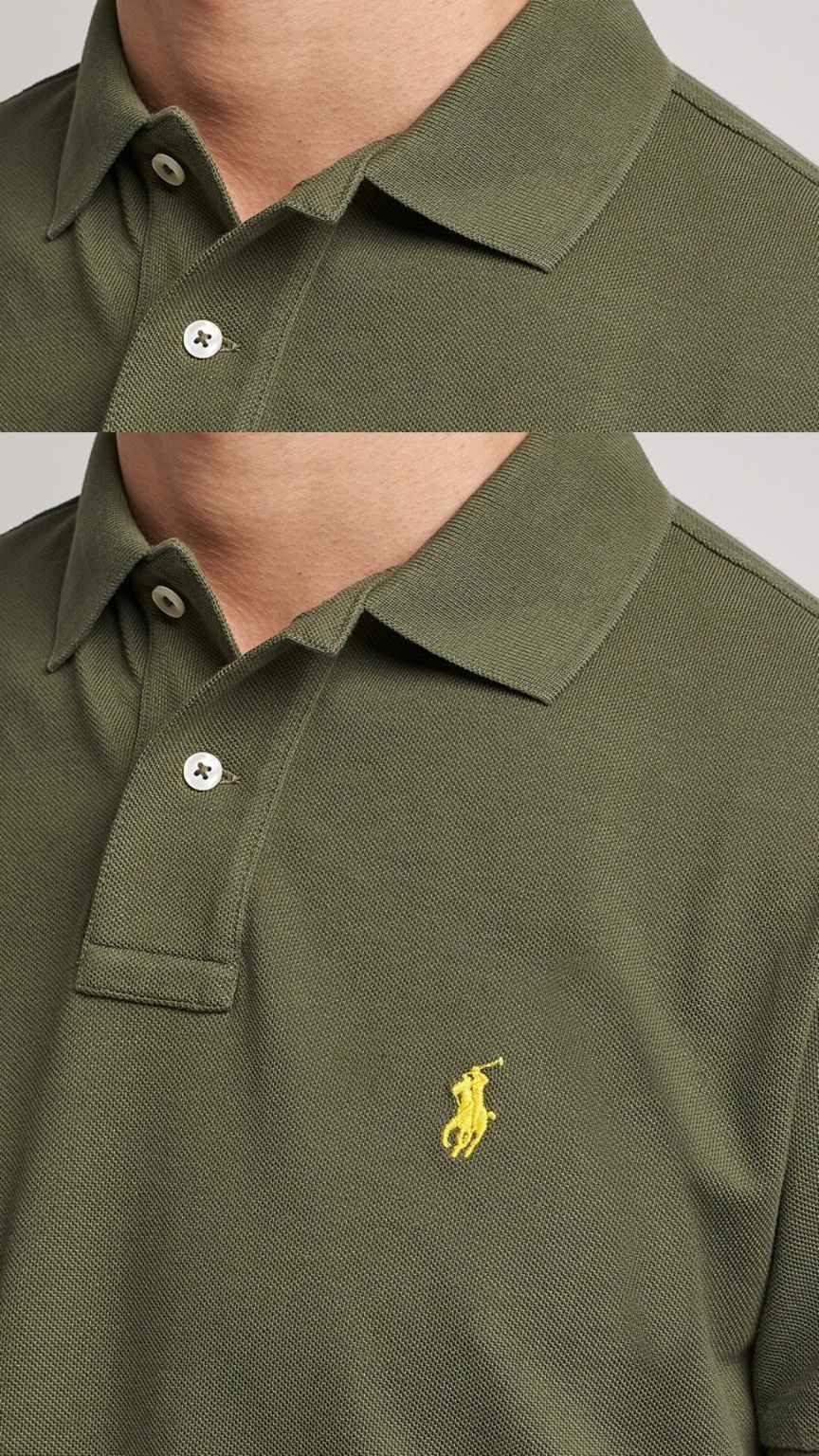 Green polo shirt with a yellow logo on a white background