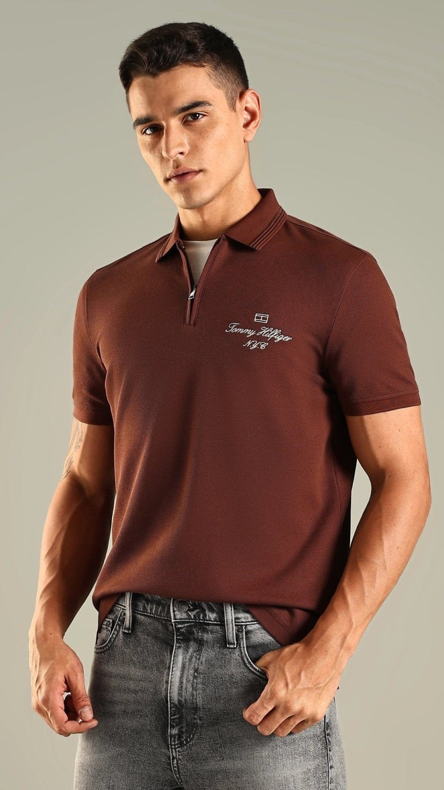 T-Brown Crest Zip Polo