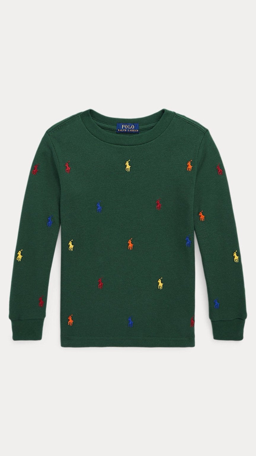 Green sweater with embroidered polo logos on a white background