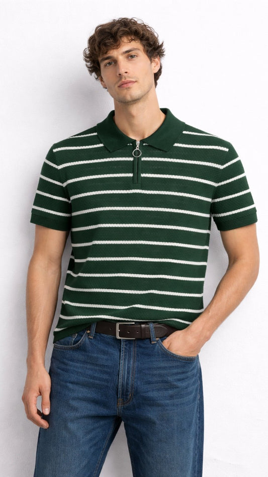 Premium Knitted Green Striped Zip Polo
