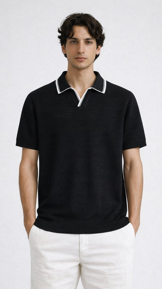 Micro-Perforated Knit Black Polo