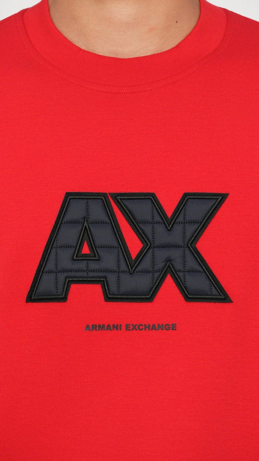 Red sweatshirt with black 'AX' logo and 'Armani Exchange' text