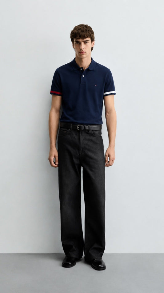 T-Navy Contrast Sleeve Polo Shirt