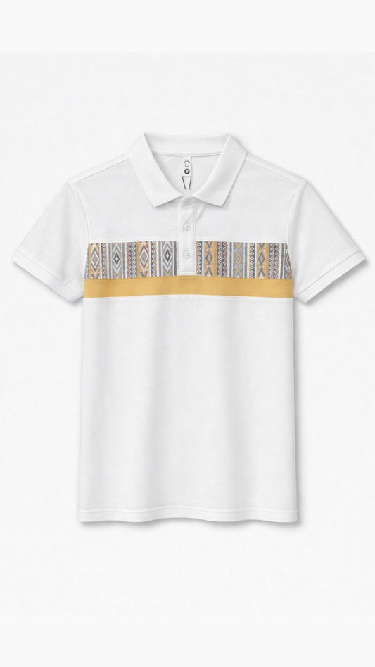 White polo shirt with a patterned band on a white background