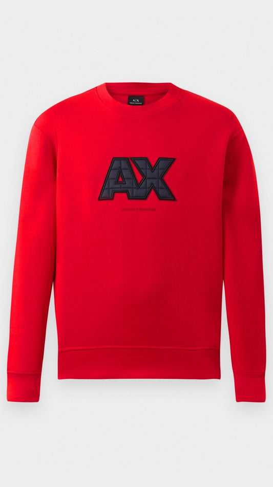 Red sweatshirt with black logo on a white background
