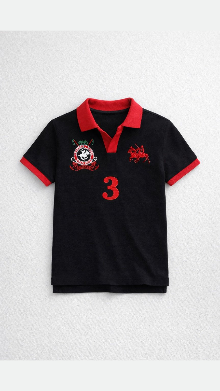 Black polo shirt with red accents and logos on a white background