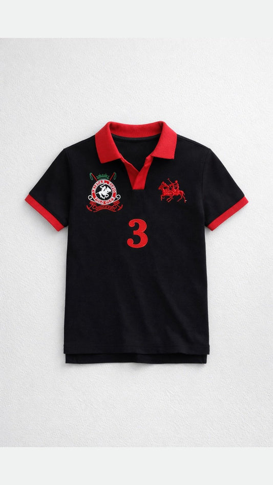 Black polo shirt with red accents and logos on a white background