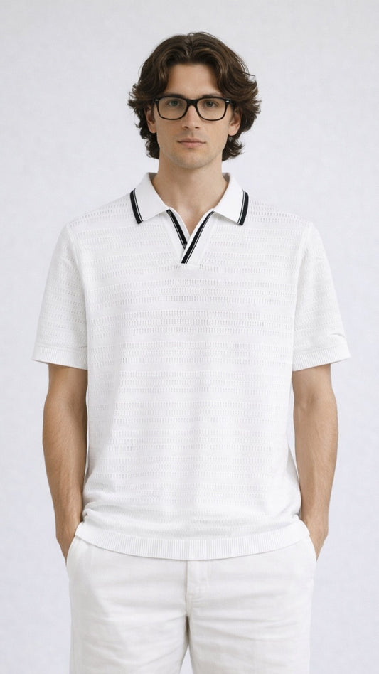 Micro-Perforated Knit White Polo