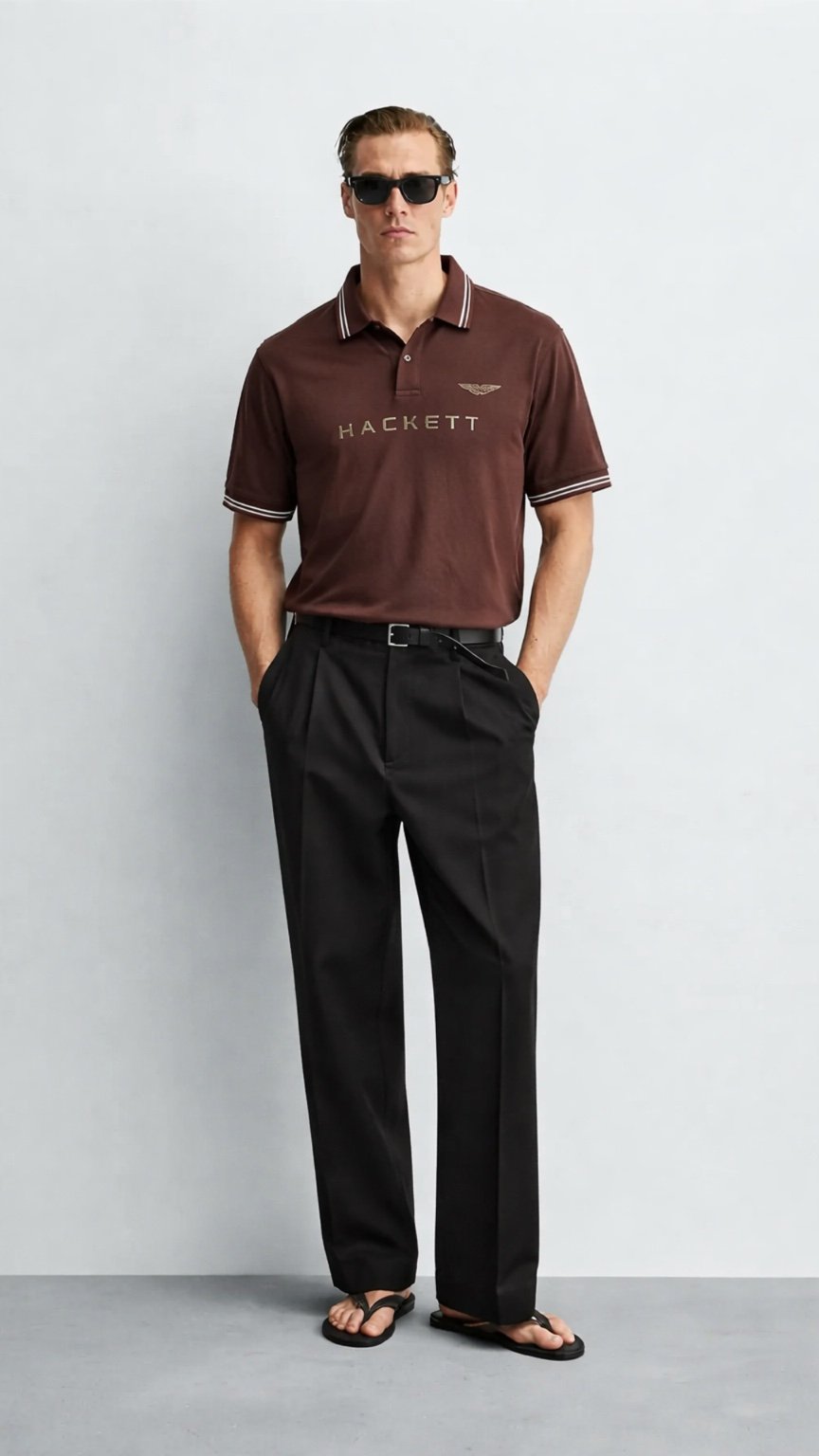 Man wearing a brown Hackett polo shirt and black pants against a white background