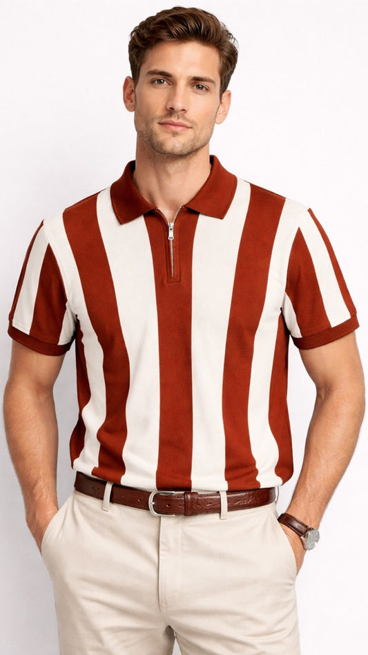 Premium Knitted Striped Zip Polo – Rust & Off White