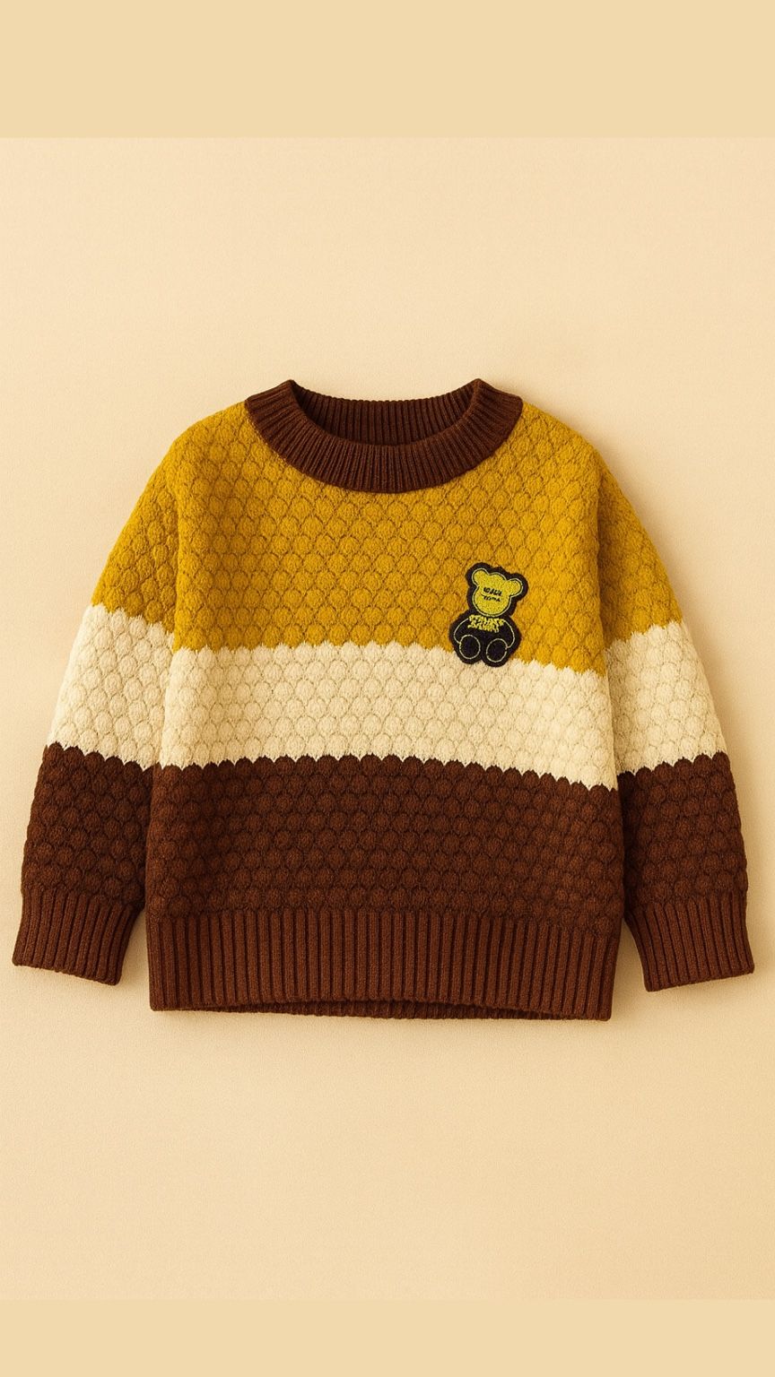 Color-blocked sweater with a teddy bear emblem on a beige background