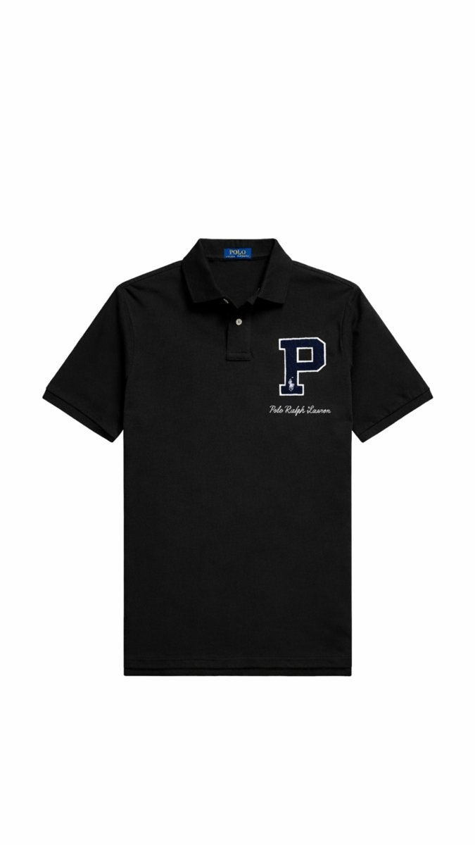 Black polo shirt with a logo on a white background
