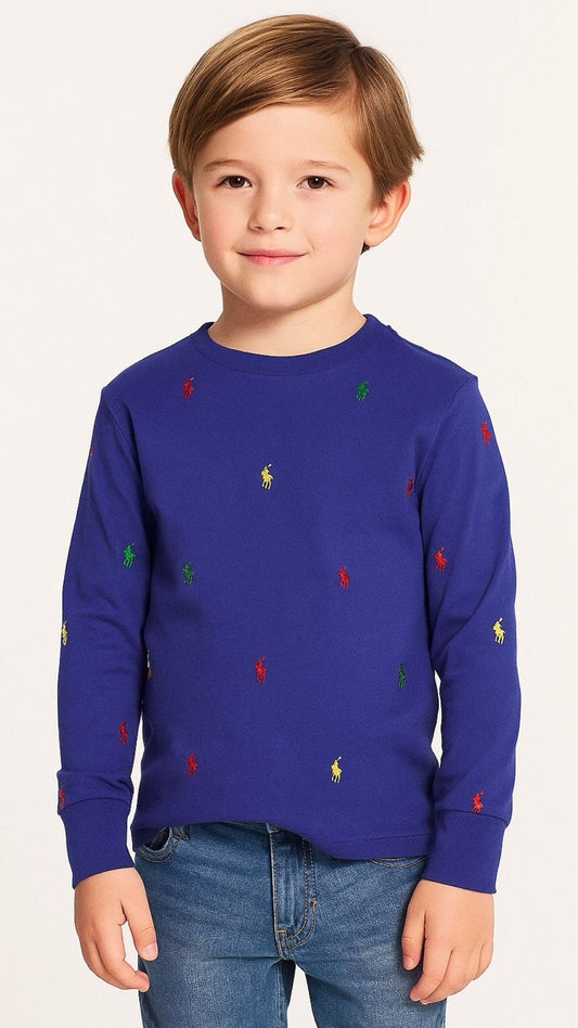Child wearing a blue sweater with embroidered polo shirts on a white background