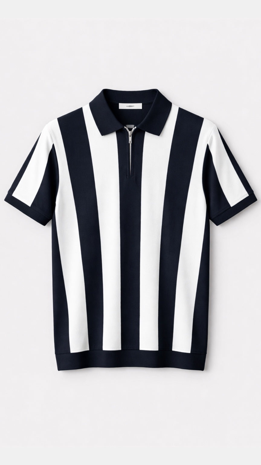 Premium Knitted Striped Zip Polo – Black & White