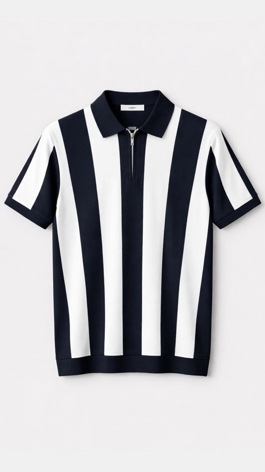 Premium Knitted Striped Zip Polo – Black & White