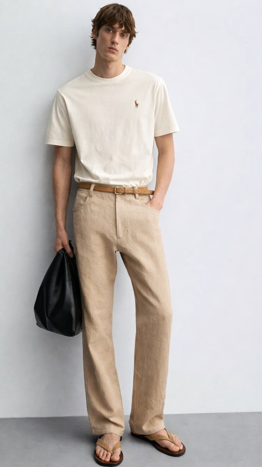 Man wearing a white t-shirt and beige pants holding a black bag against a light gray background