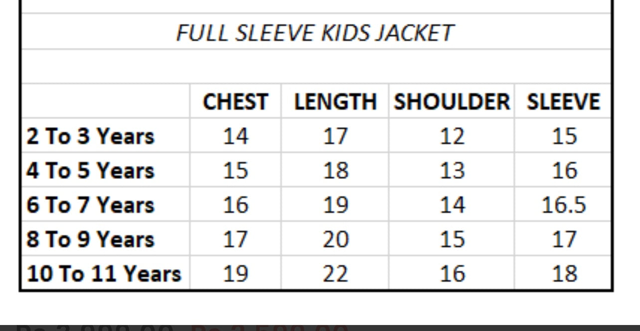 Measurement chart for full sleeve kids jackets with sizes 2 to 11 years.