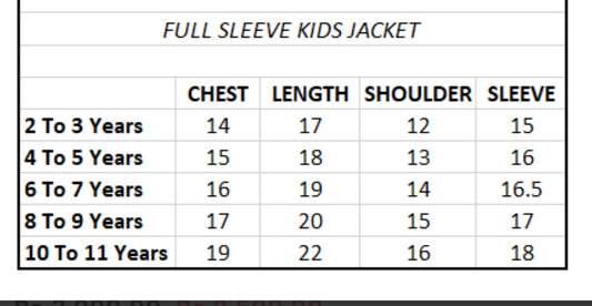 Measurement chart for full sleeve kids jackets with sizes 2 to 11 years.